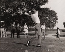 Bruce Devlin teeing off at Ocean Reef annual golf pro tournament